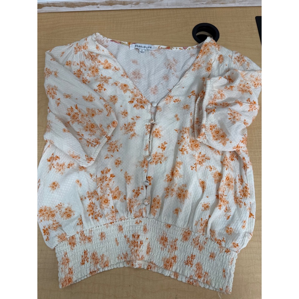 Rose + Olive Floral Smocked Waist Button Front V-Neck Blouse Orange White Small